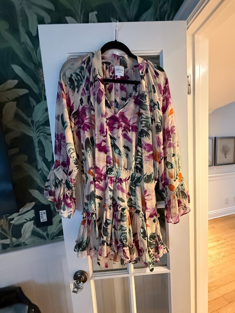 Misa Los Angeles Cream Mini Dress with Purple Pink Teal Floral Print Size Medium